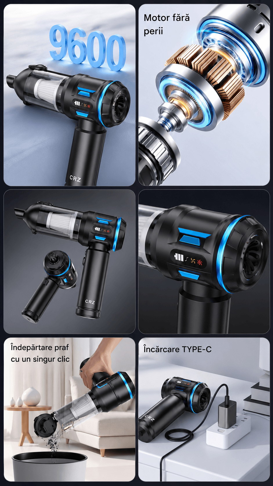 Aspirator Portabil CRZ 4 in 1 Auto sau Casa , Baterie 9600mAh, 17.000PA Aspirator CRZ portabil