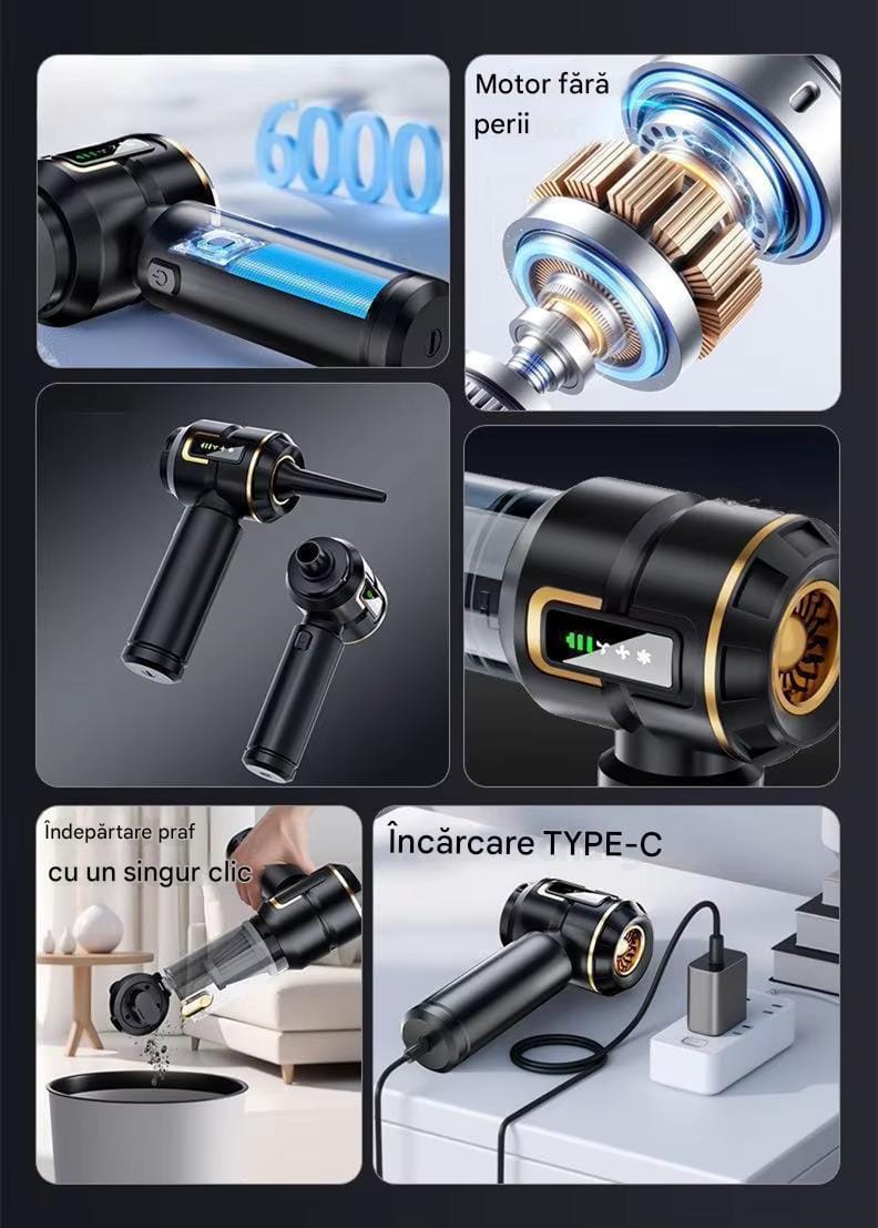 Aspirator Auto Portabil CRZ 4 in 1 , Baterie 6000mAh, 17.000PA Aspirator auto CRZ 4 in 1