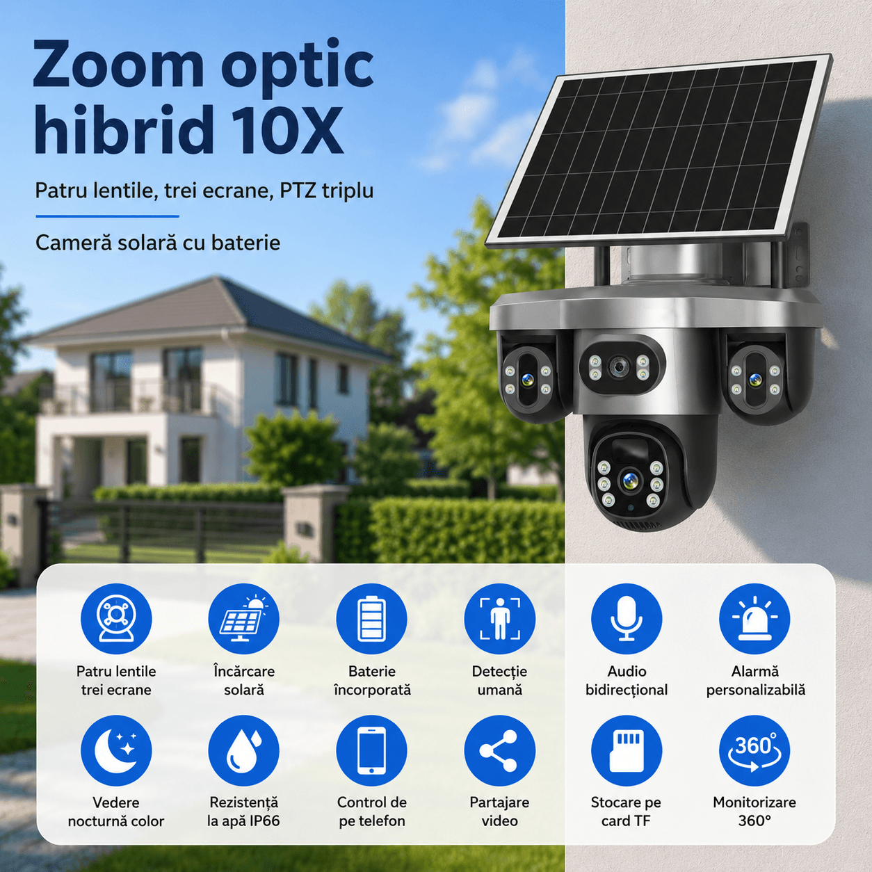 Camera supraveghere 4 Lentile 10X Zoom Incarcare Solara ULTRA HD 8MP, PTZ, Conexiune 4G cu Panou Solar si Rezistenta la apa IP66