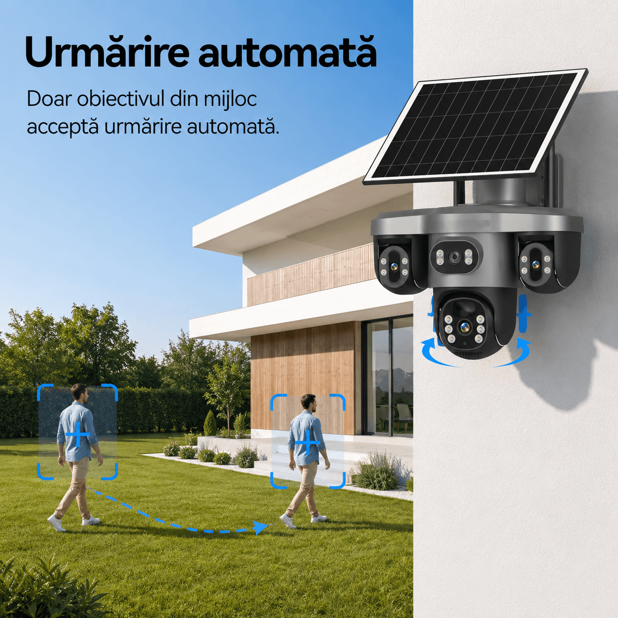 Camera supraveghere 4 Lentile 10X Zoom Incarcare Solara ULTRA HD 8MP, PTZ, Conexiune 4G cu Panou Solar si Rezistenta la apa IP66