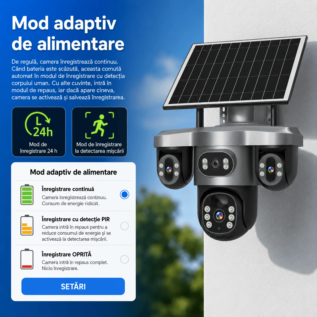 Camera supraveghere 4 Lentile 10X Zoom Incarcare Solara ULTRA HD 8MP, PTZ, Conexiune 4G cu Panou Solar si Rezistenta la apa IP66