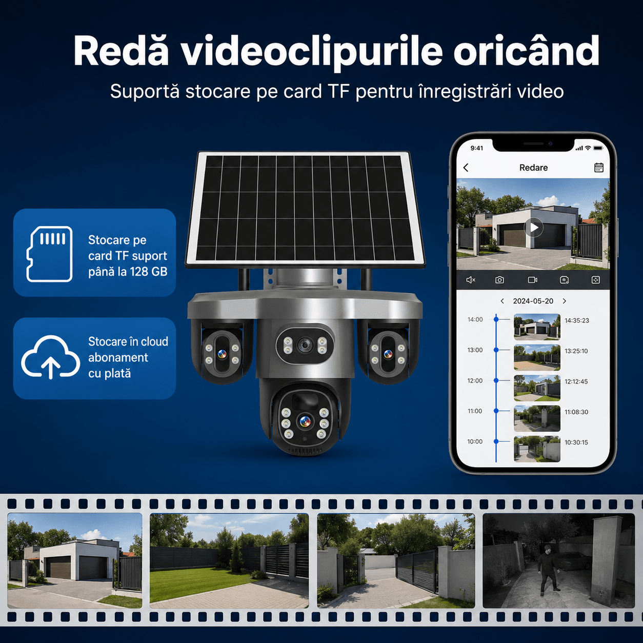 Camera supraveghere 4 Lentile 10X Zoom Incarcare Solara ULTRA HD 8MP, PTZ, Conexiune 4G cu Panou Solar si Rezistenta la apa IP66