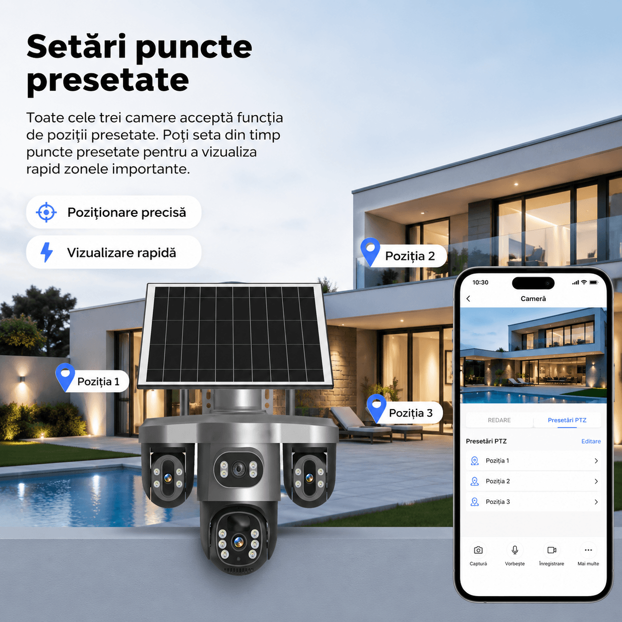 Camera supraveghere 4 Lentile 10X Zoom Incarcare Solara ULTRA HD 8MP, PTZ, Conexiune 4G cu Panou Solar si Rezistenta la apa IP66