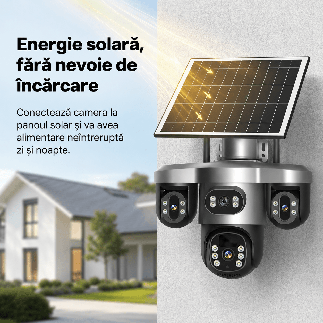 Camera supraveghere 4 Lentile 10X Zoom Incarcare Solara ULTRA HD 8MP, PTZ, Conexiune 4G cu Panou Solar si Rezistenta la apa IP66