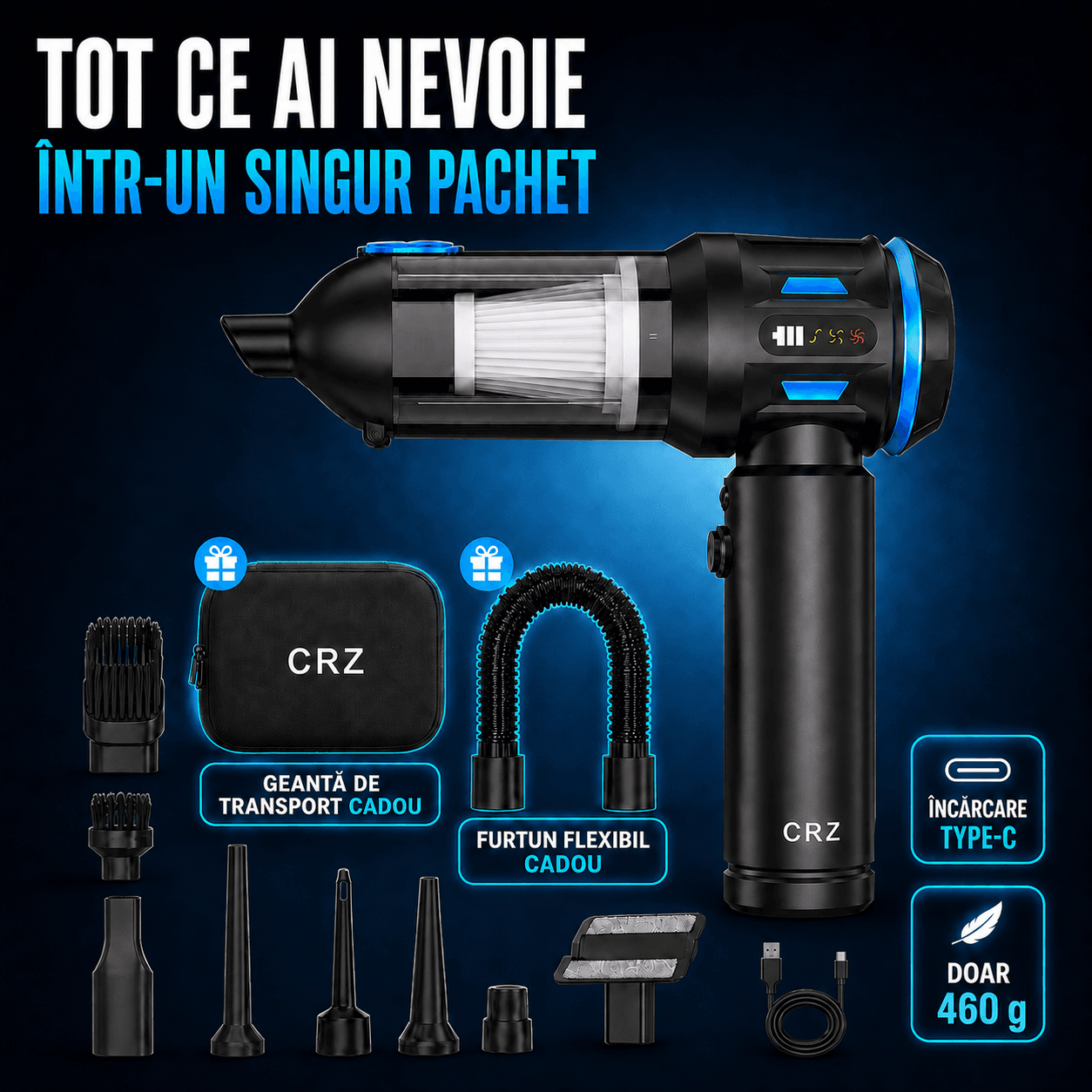 Aspirator Auto Portabil CRZ 4 in 1, Baterie 9600mAh , 17.000PA Aspirator Auto Portabil CRZ 4 in 1, Baterie 9600mAh , 17.000PA